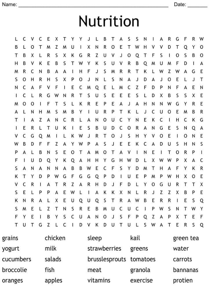 Printable Nutrition Word Search - Sheet 1
