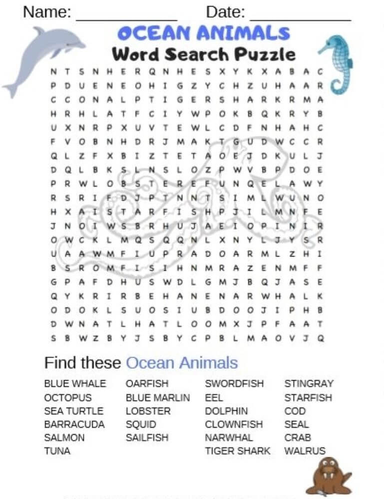 Printable Ocean Animals Word Search – Sheet 1
