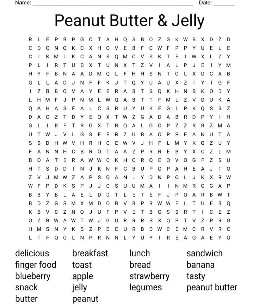 Printable Peanut Butter & Jelly Word Search