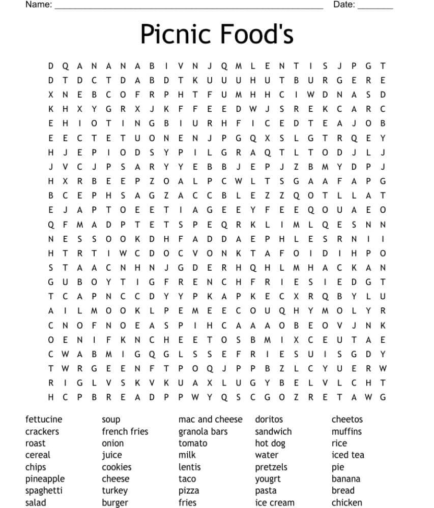 Printable Picnic Food Word Search - Sheet 1