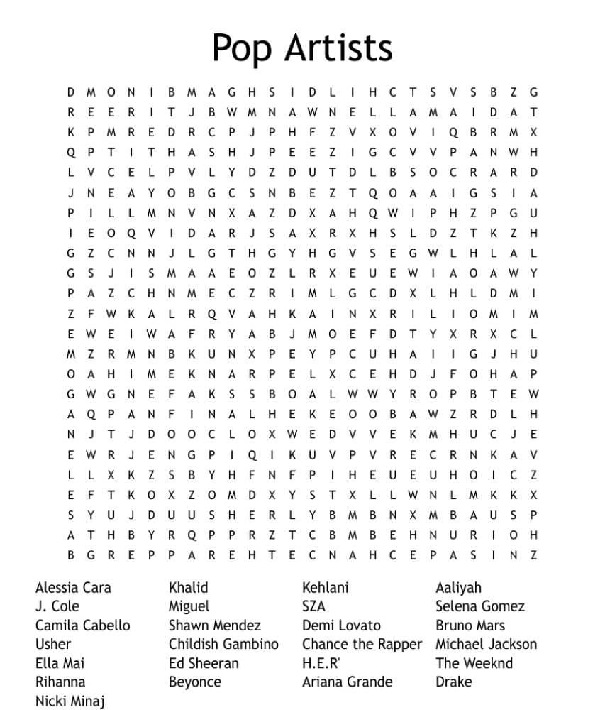 Printable Pop Singers Word Search - Sheet 1