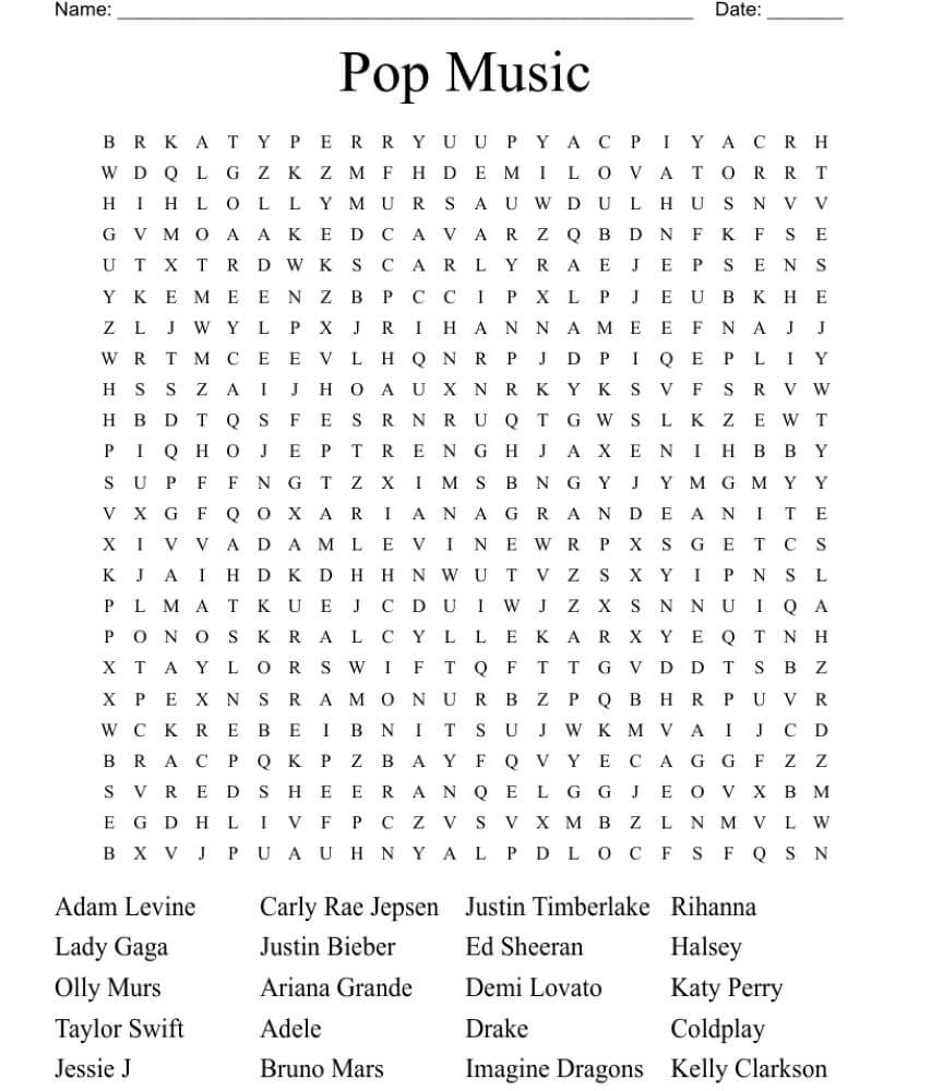 Printable Pop Singers Word Search - Sheet 3