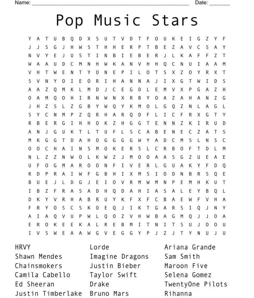 Printable Pop Singers Word Search - Sheet 4