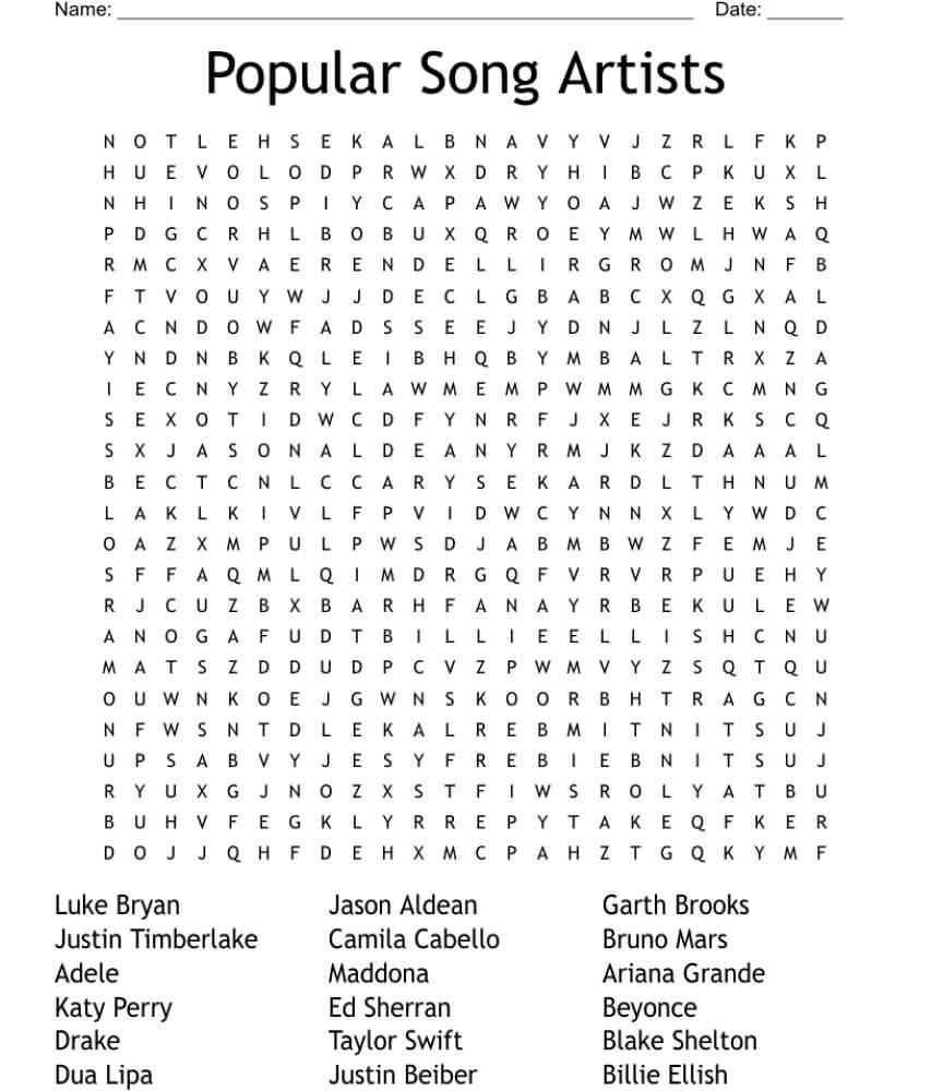 Printable Popuplar Singers Word Search - Sheet 1
