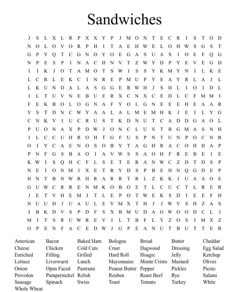 Printable Sandwiches Word Search - Sheet 1