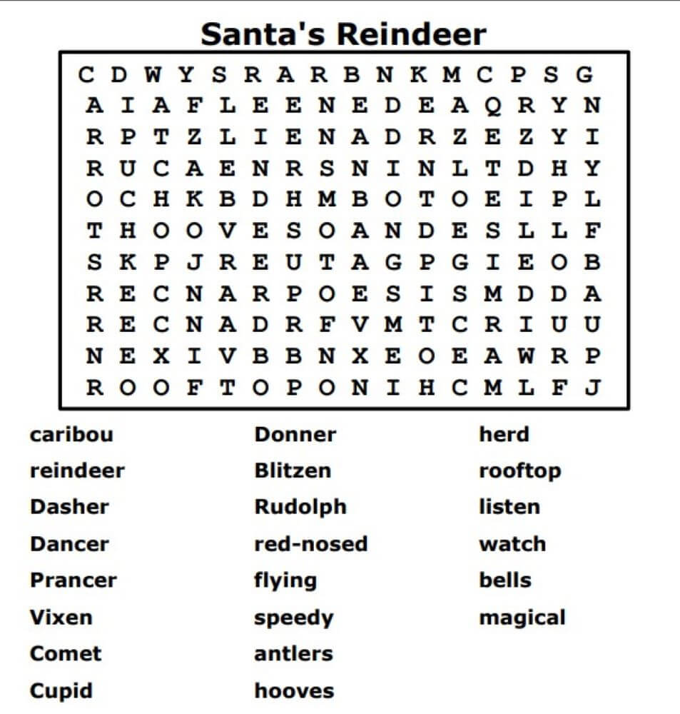 Printable Santa's Reindeer Word Search - Sheet 1