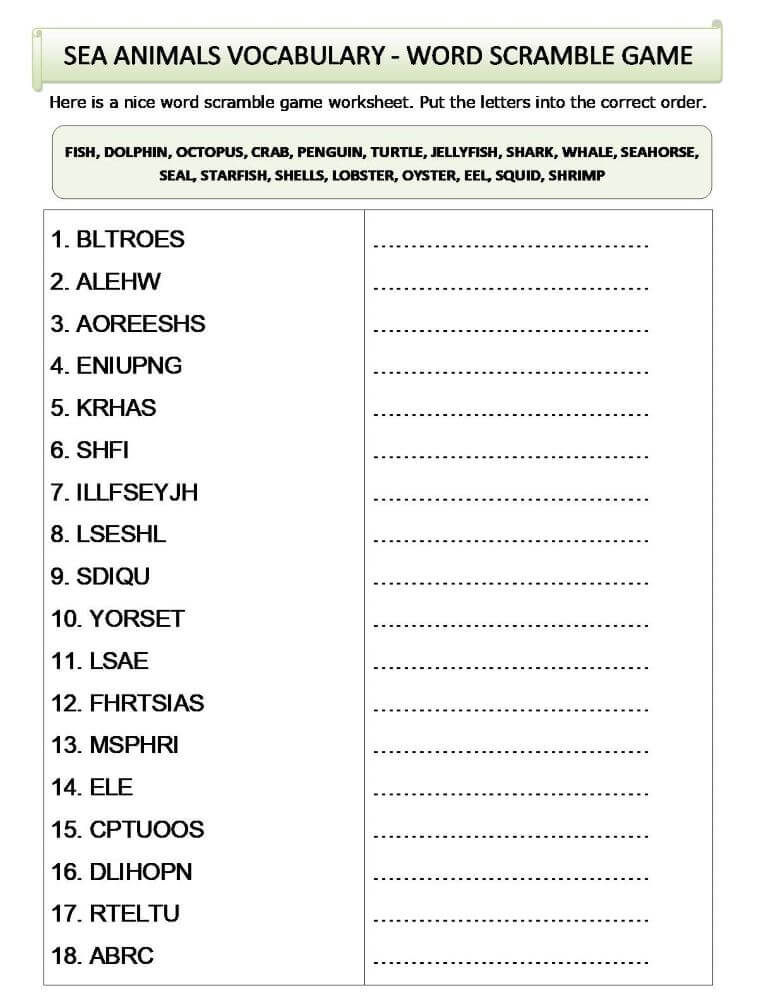 Printable Sea Animal Word Scramble - Worksheet 2
