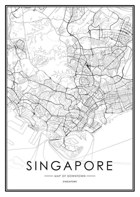 Printable Singapore Map White And Black Framed Art