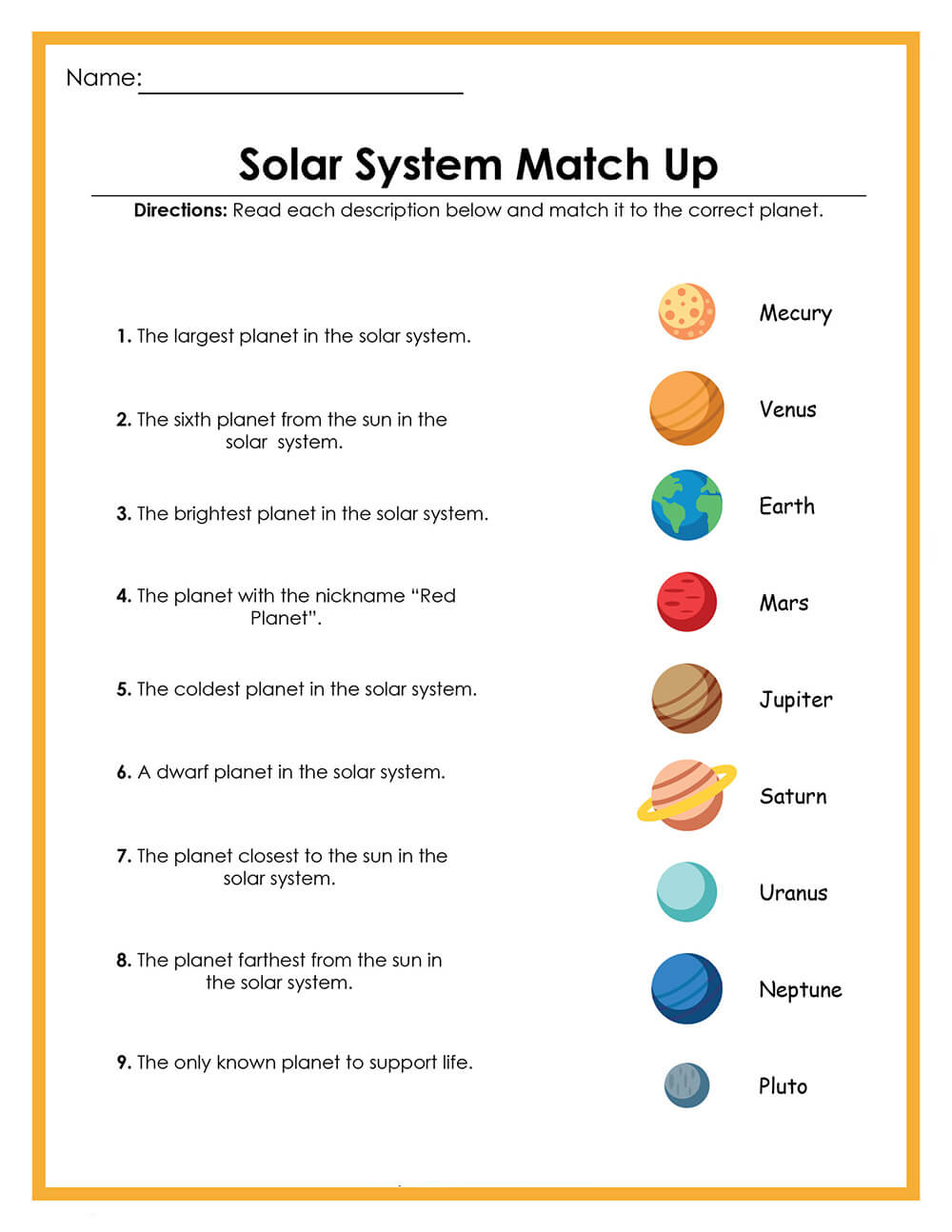 Printable Solar System Match Up
