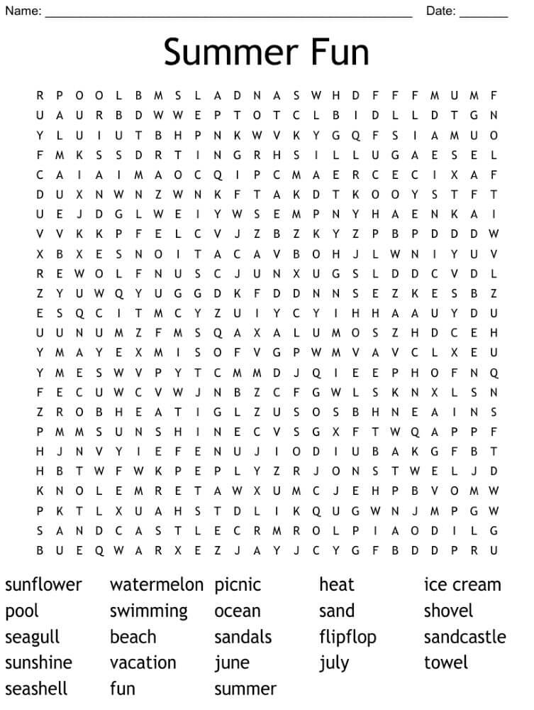 Printable Summer Fun Word Search - Worksheet 2