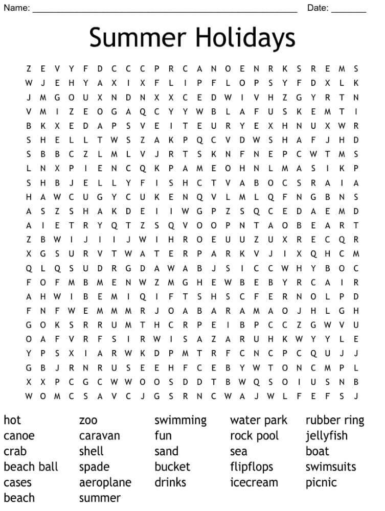 Printable Summer Holiday Word Search - Worksheet 1