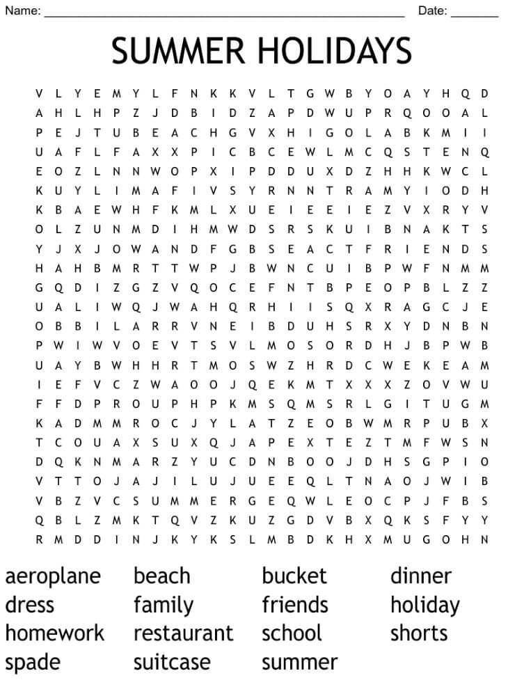 Printable Summer Holiday Word Search - Worksheet 2