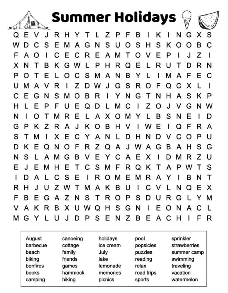 Printable Summer Holiday Word Search - Worksheet 3