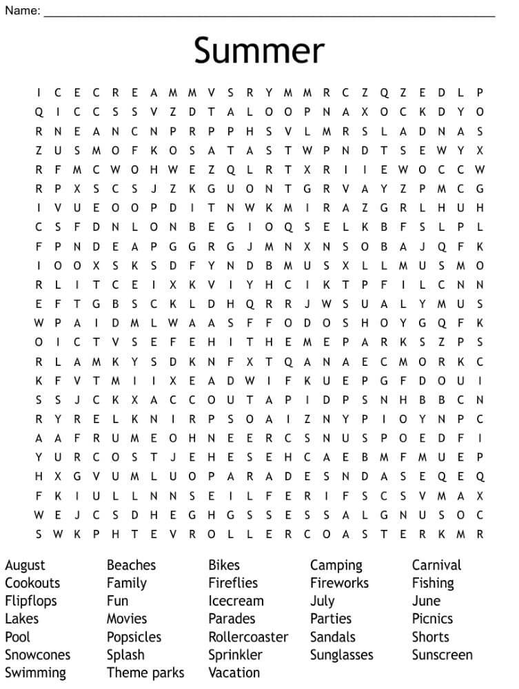 Printable Summer Word Search for Kids