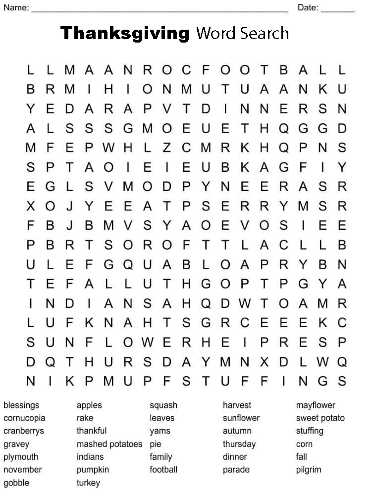 Printable Thanksgiving Word Search - Sheet 12