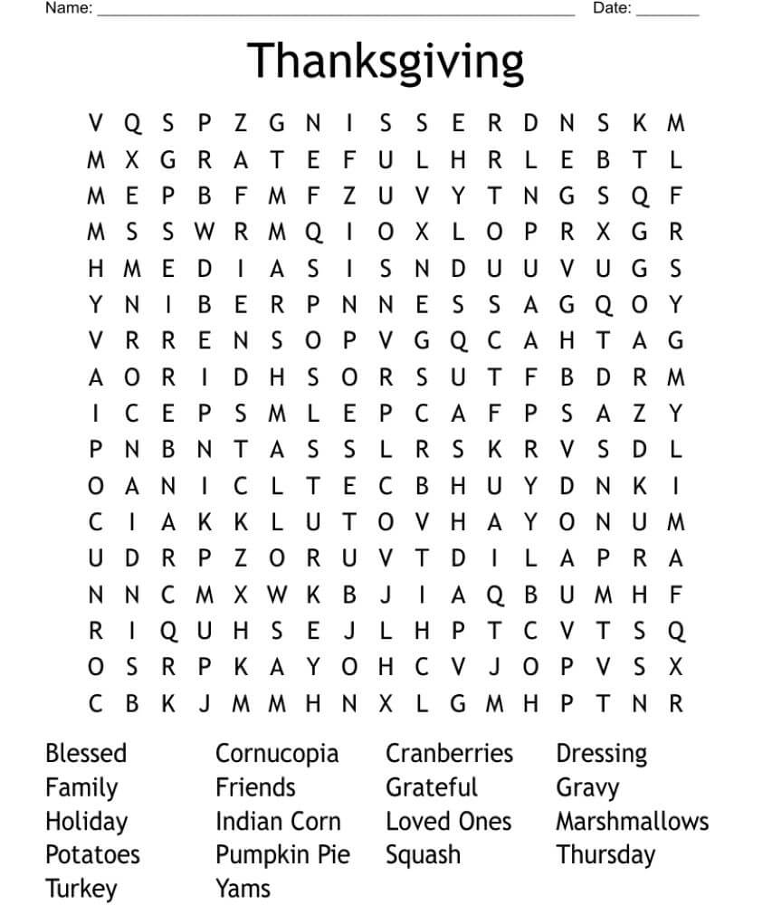 Printable Thanksgiving Word Search - Sheet 17