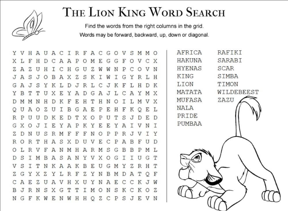 Printable The Lion King Word Search - Sheet 1