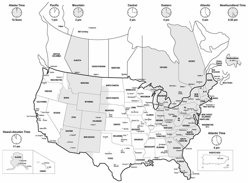 Printable United States Time Zones Map