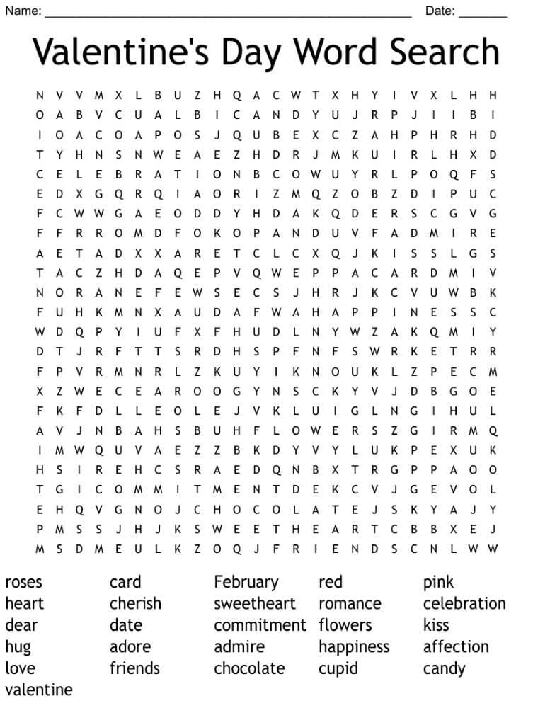 Printable Valentine Word Search – Worksheet 9