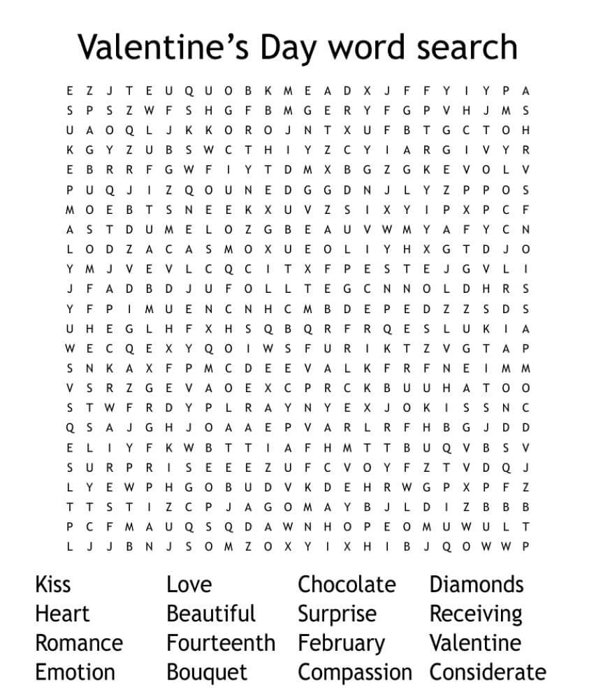 Printable Valentine's Day Word Search - Worksheet 1