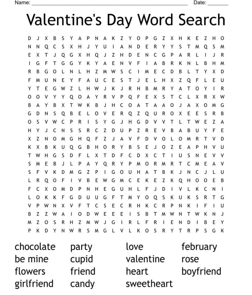 Printable Valentine’s Day Word Search – Worksheet 10