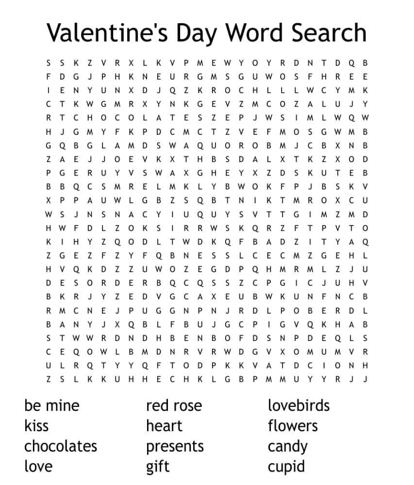 Printable Valentine’s Day Word Search – Worksheet 3