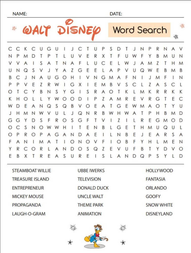 Printable Walt Disney Word Search - Sheet 1