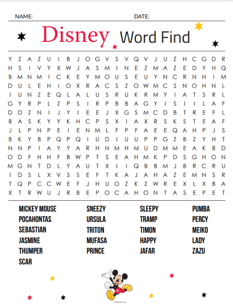 Printable Walt Disney Word Search - Sheet 5
