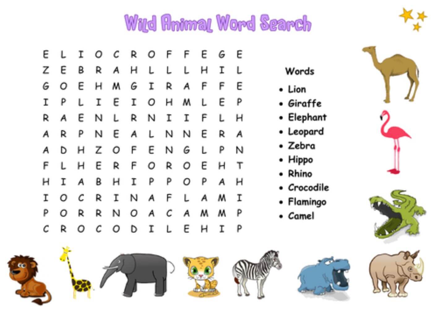 Printable Wild Animals Word Search – Sheet 1