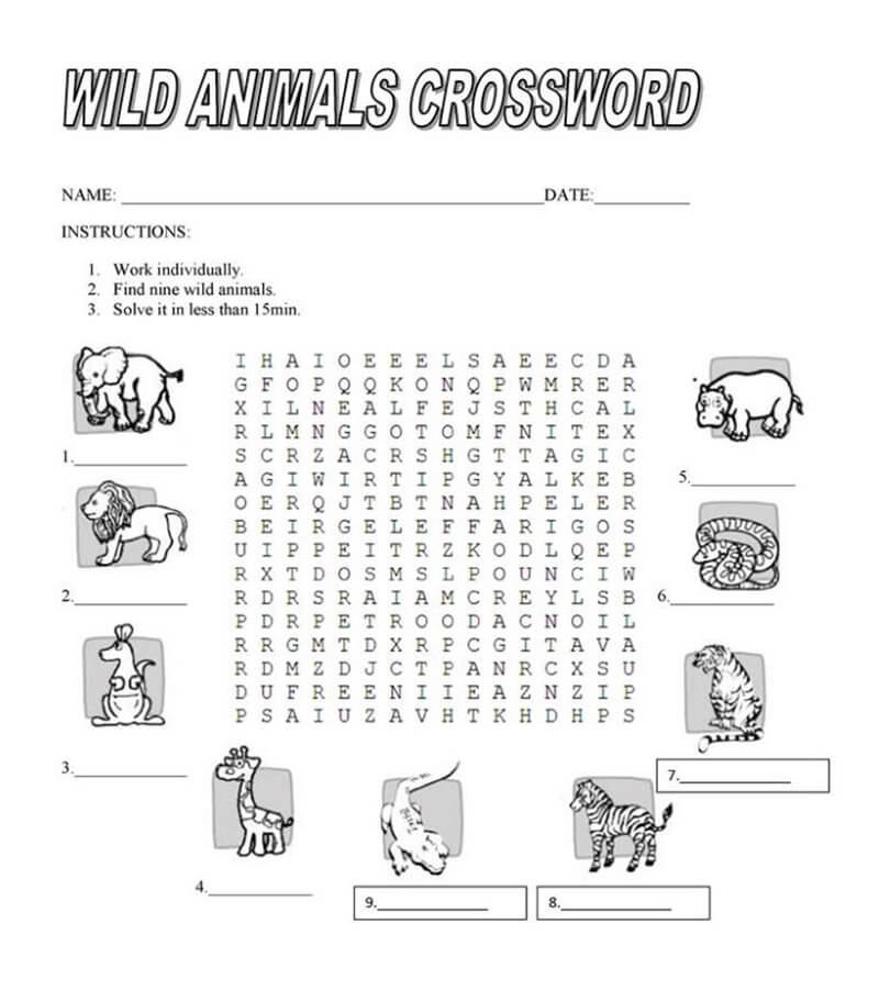 Printable Wild Animals Word Search – Sheet 3