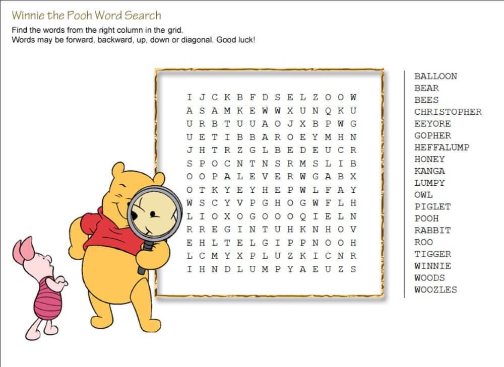 Printable Winnie the Pooh Word Search – Sheet 1