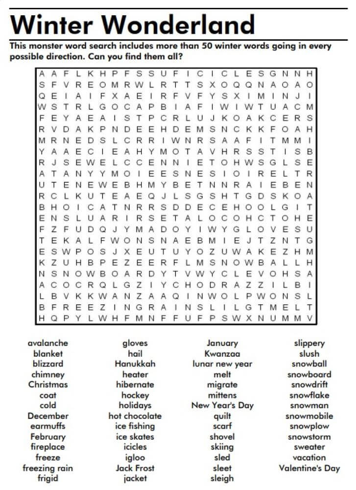 Printable Winter Wonderland Word Search - Sheet 1