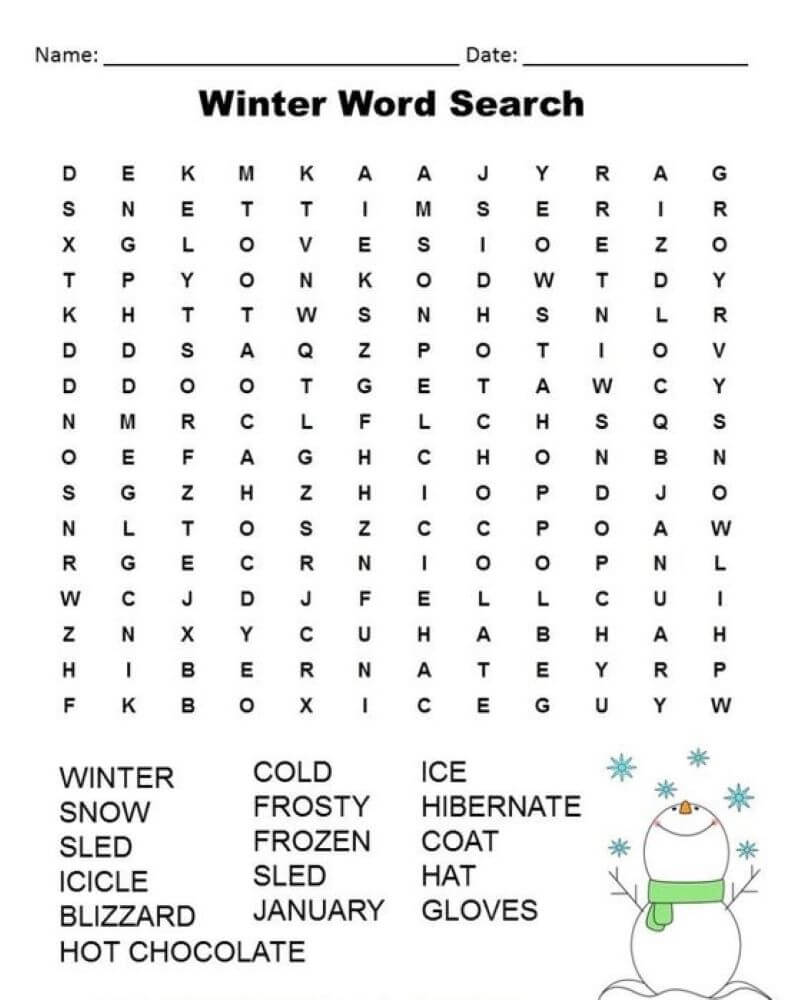 Printable Winter Word Search – Worksheet 1