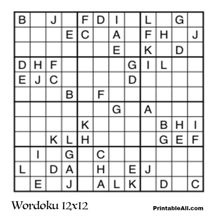 Printable Wordoku 12x12 Puzzle - Sheet 1
