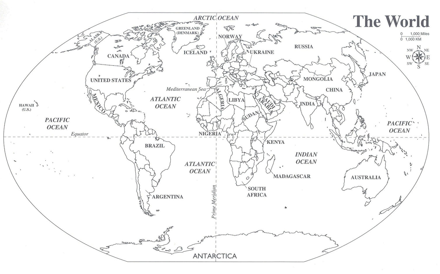 Контурная политическая карта мира со странами на русском