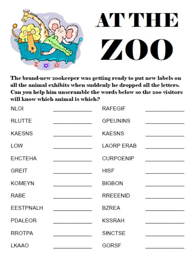 Printable Zoo Animal Word Scramble - Worksheet 1