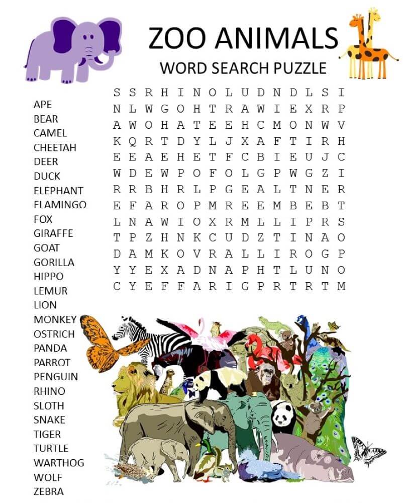 Printable Zoo Animals Word Search – Sheet 1