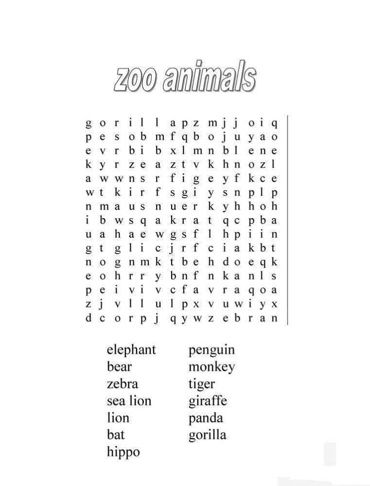 Printable Zoo Animals Word Search - Sheet 2