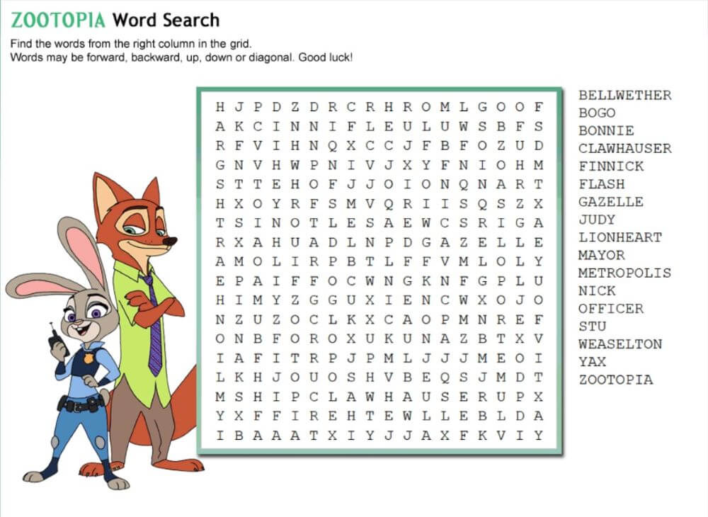 Printable Zootopia Word Search – Sheet 1