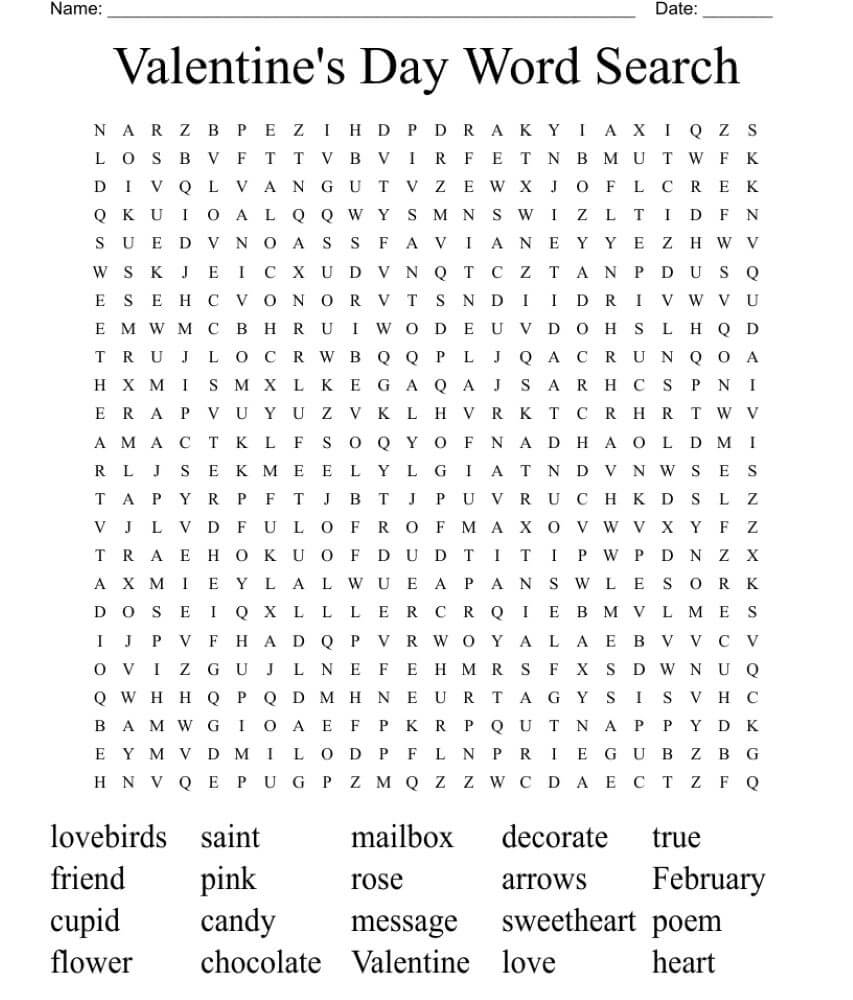 Valentine Word Search Hard
