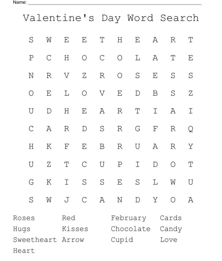 Valentine Word Search for 1st grade