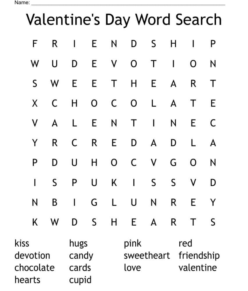 Valentine's Day Word Search Kids