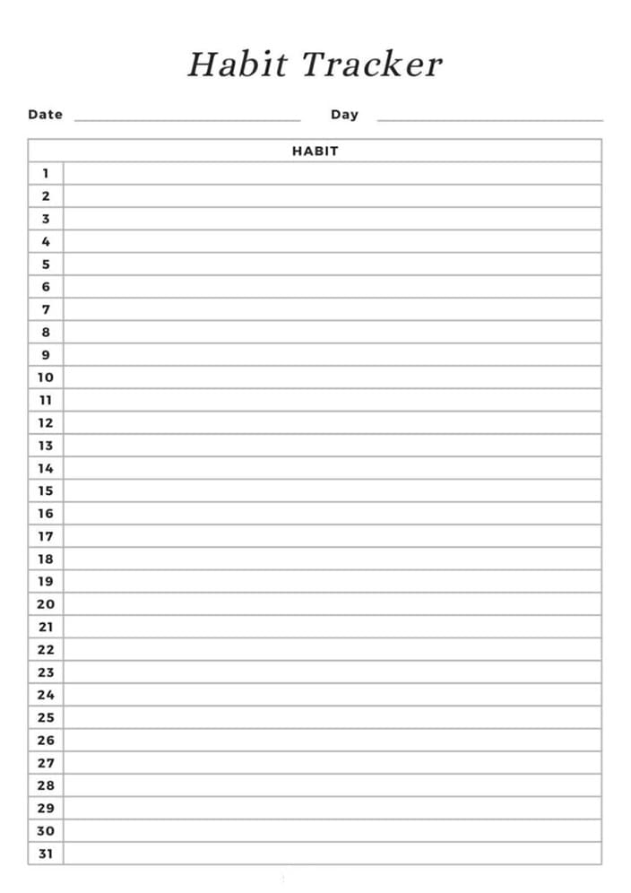 Printable 30 Day Habit Tracker Template