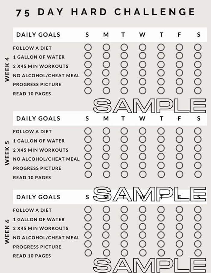 Printable 75 Hard Challenge Checklist