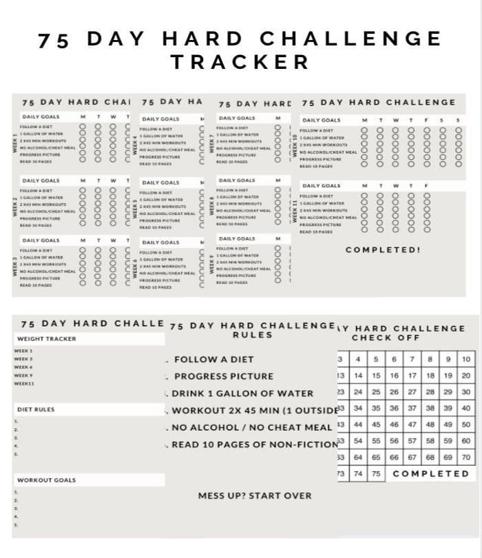 Printable 75 Hard Challenge Tracker