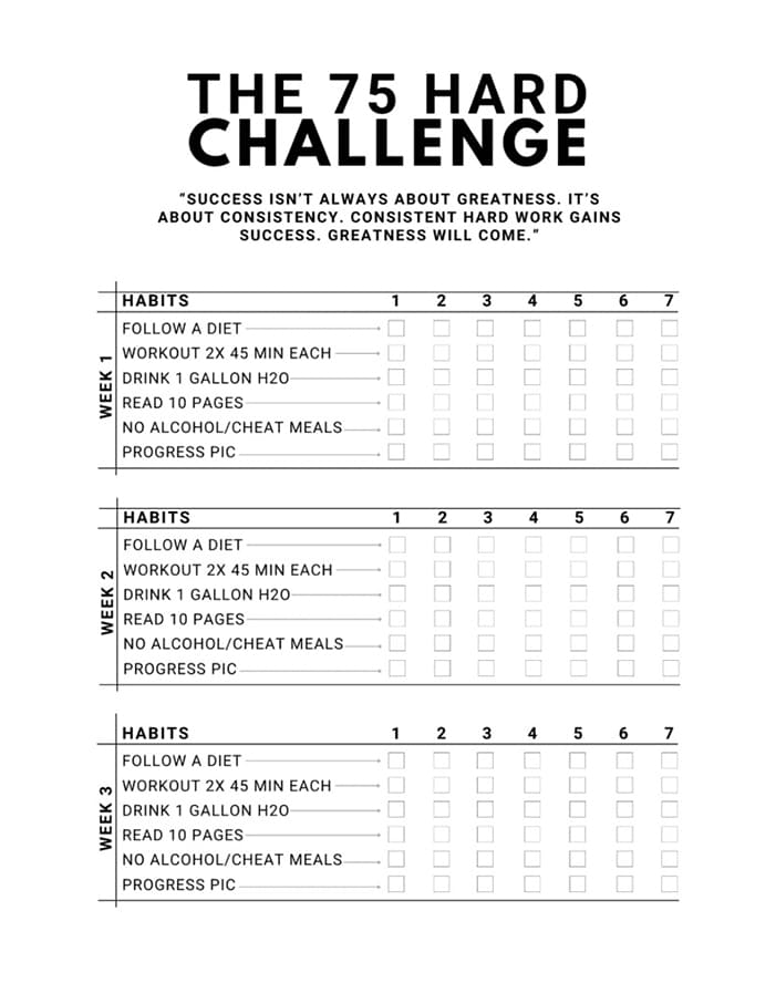Printable 75 Hard Challenge Medium Free Download And Print For You 