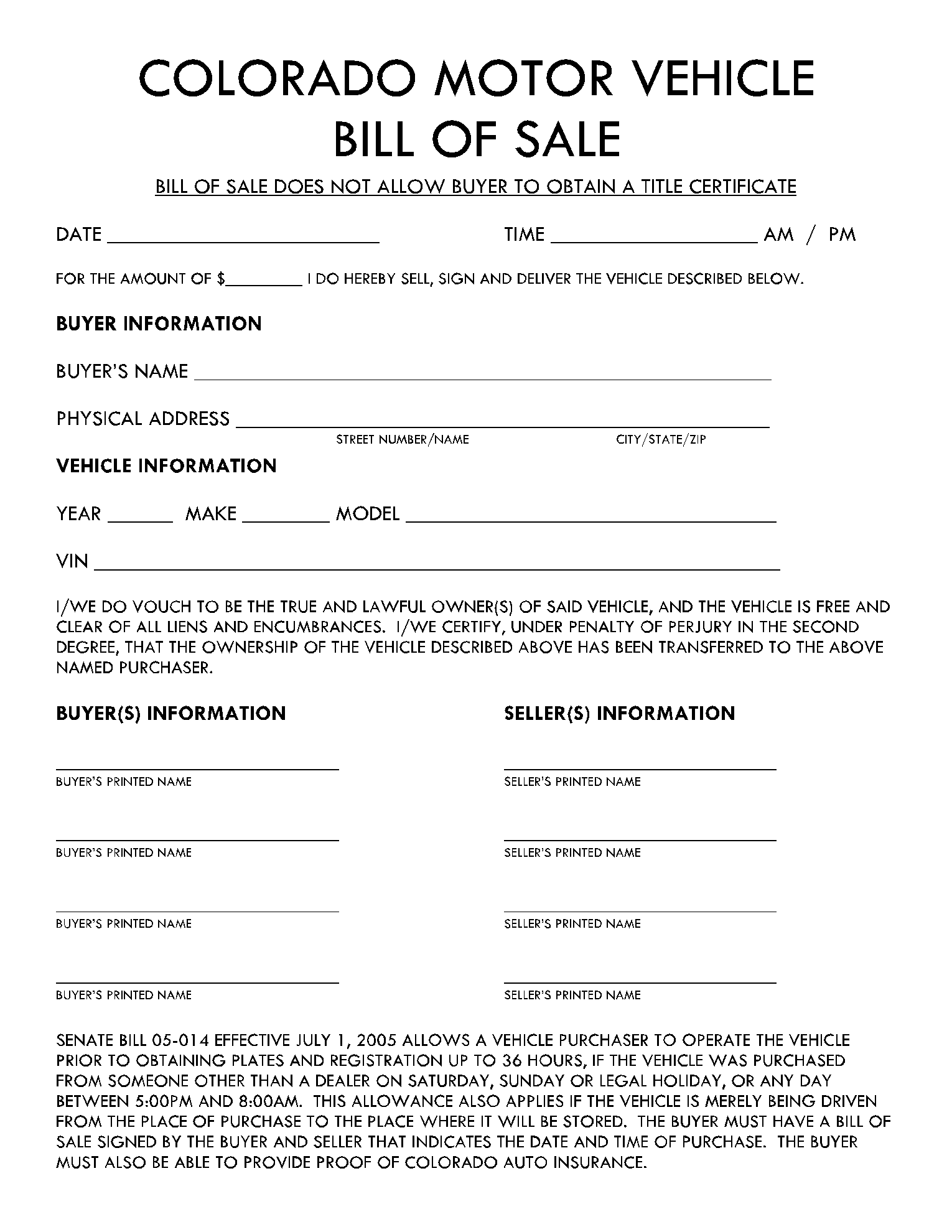 Printable Bill Of Sale Template Colorado