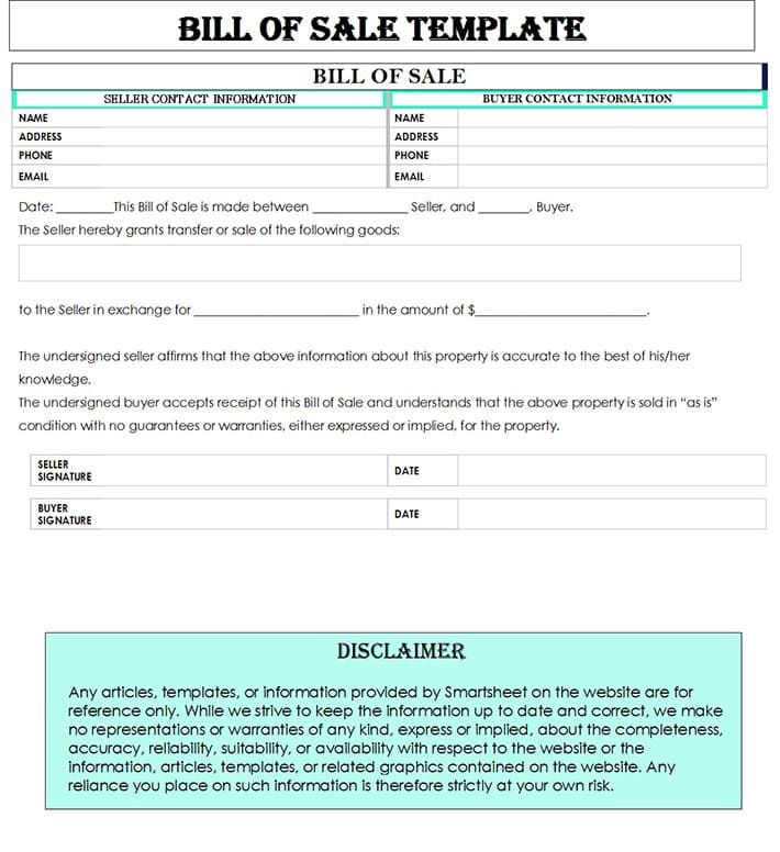 Printable Bill Of Sale Template Example