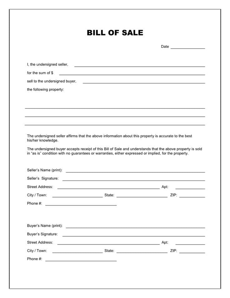 Printable Bill Of Sale Template Free