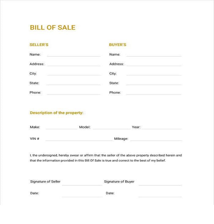 Printable Bill Of Sale Template Simple